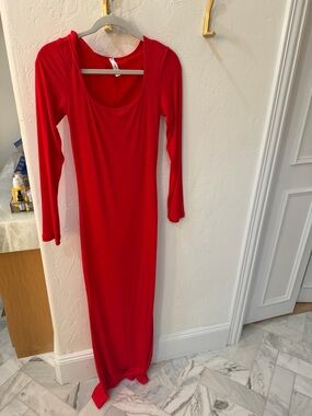 Popilush Red Long Sleeve Scoop Neck Maxi Dress - Women